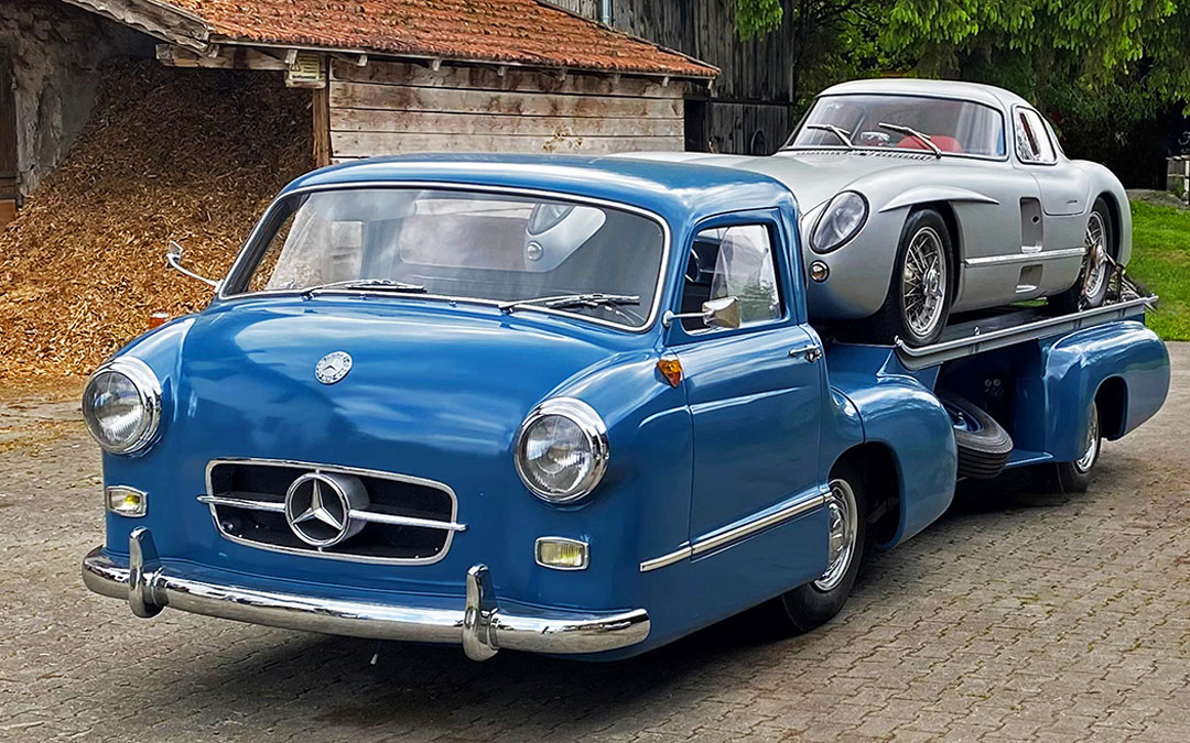 Mercedes Benz Uhlenhaut Coupé mit Renntransporter, Foto privat